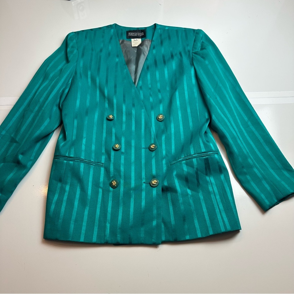 Vintage Nautica Teal Stripe Blazer |80s Power Jacket Double Breasted Gold Button - Picture 1 of 6